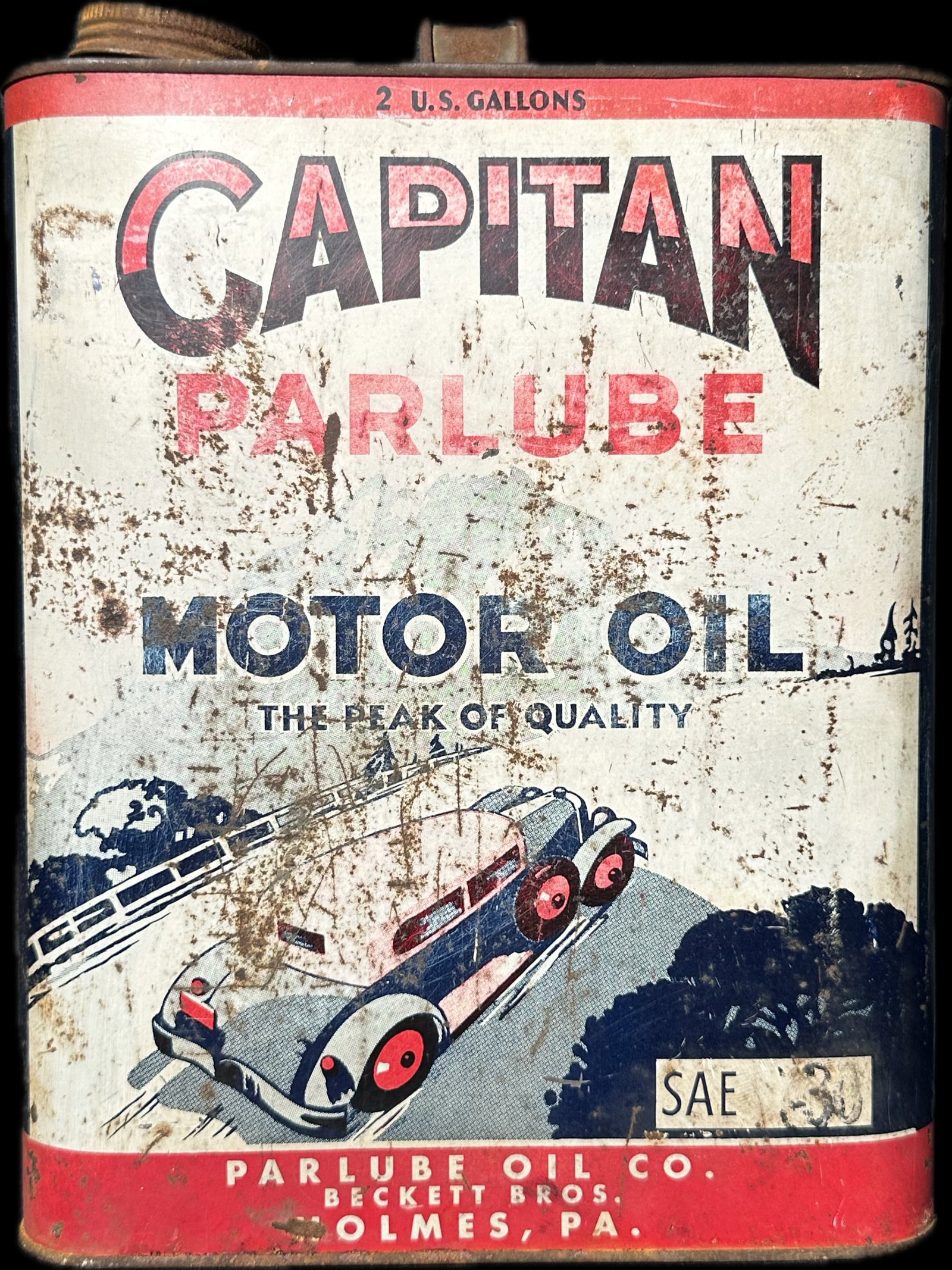 Capitan Parlube Motor Oil 2 Gallon Beckett Bros Holmes PA 2 Gallon Oil Can: Standard 2 gallon size. Nice 1930s can with obvious wear.