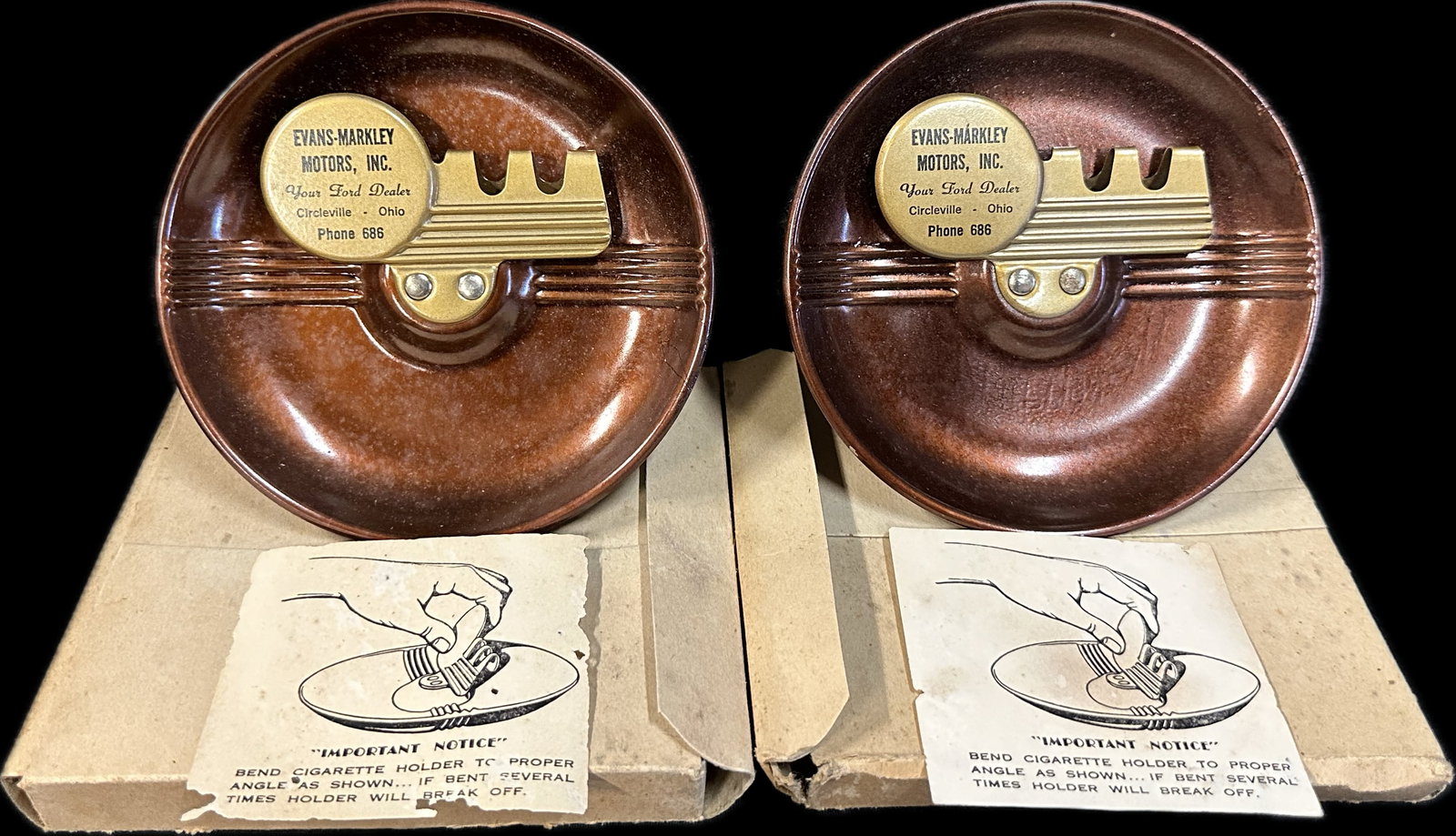 Evans Markley Motors Inc Pair Ford Dealer NOS Metal Ashtrays Circleville Ohio: 5.25" diameter x 5" tall