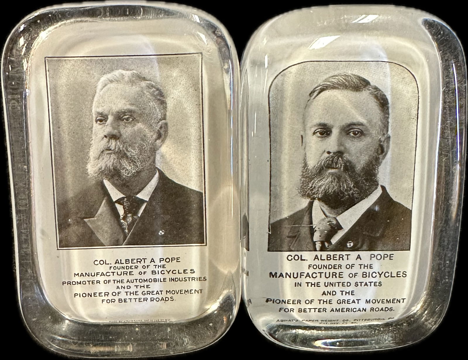 Pair 1920s Albert A Pope Bicycle Founder Glass Advertising Paperweights (1 of 10)
