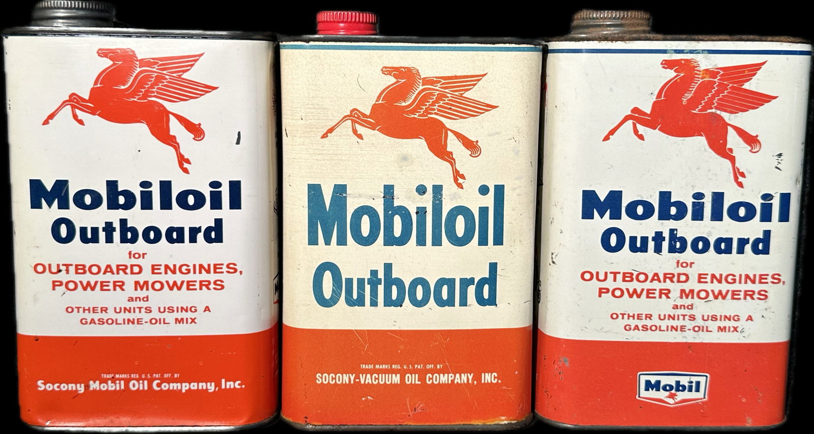 3 Different 1950s Mobil Pegasus Outboard Metal Quart Can - High Grade (1 of 19)