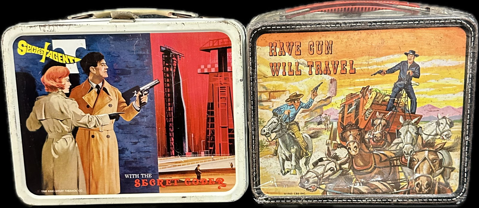 Pair 1950s Metal Advertising Lunchboxes Secret Agent & Have Gun Will Travel Cowboy: 9" x 4" x 7.5"