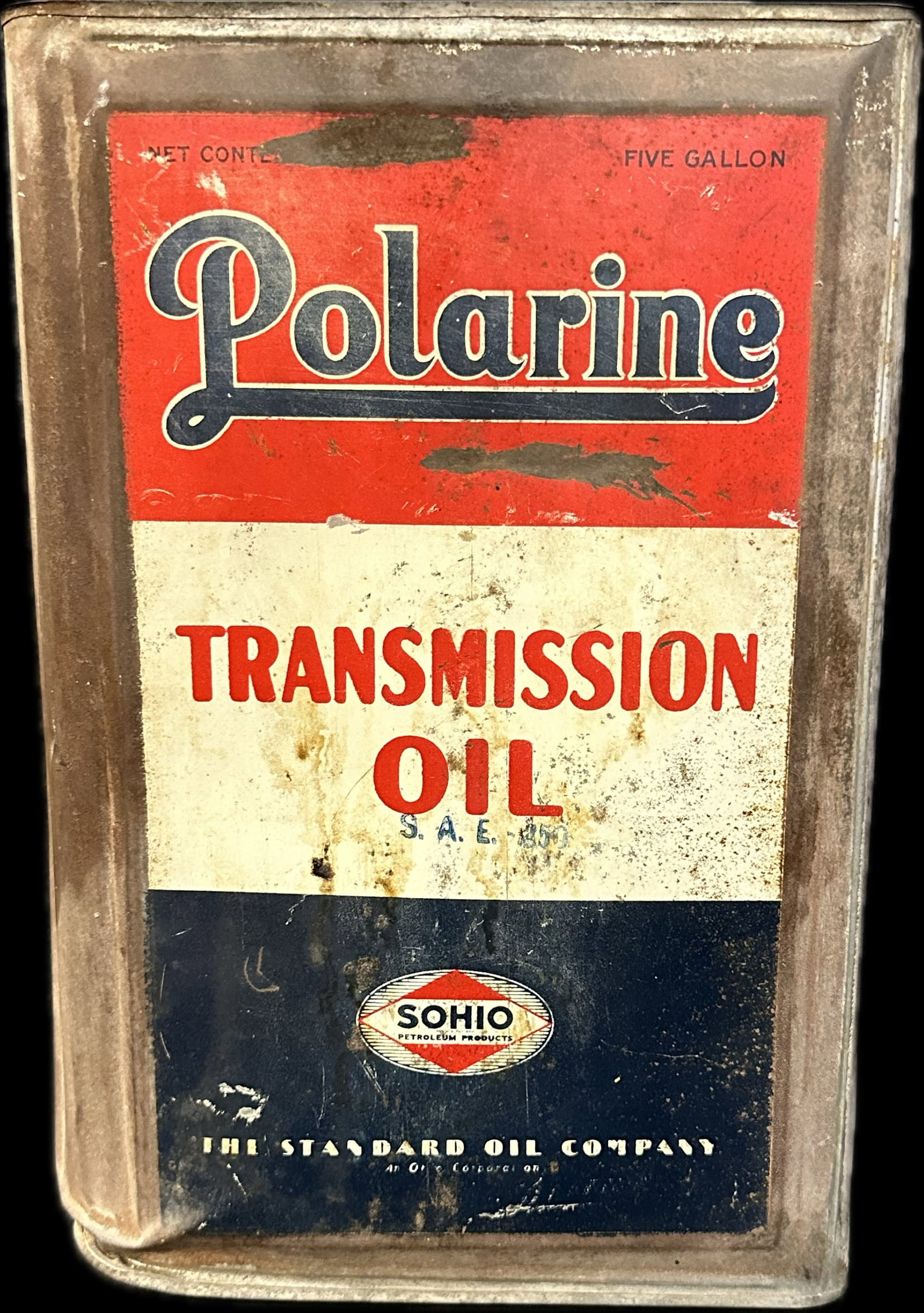 1920s Sohio Standard Oil Co Ohio Polarine Transmission Oil 5 Gallon Can: 9.25" x 9.25" x 14.75"