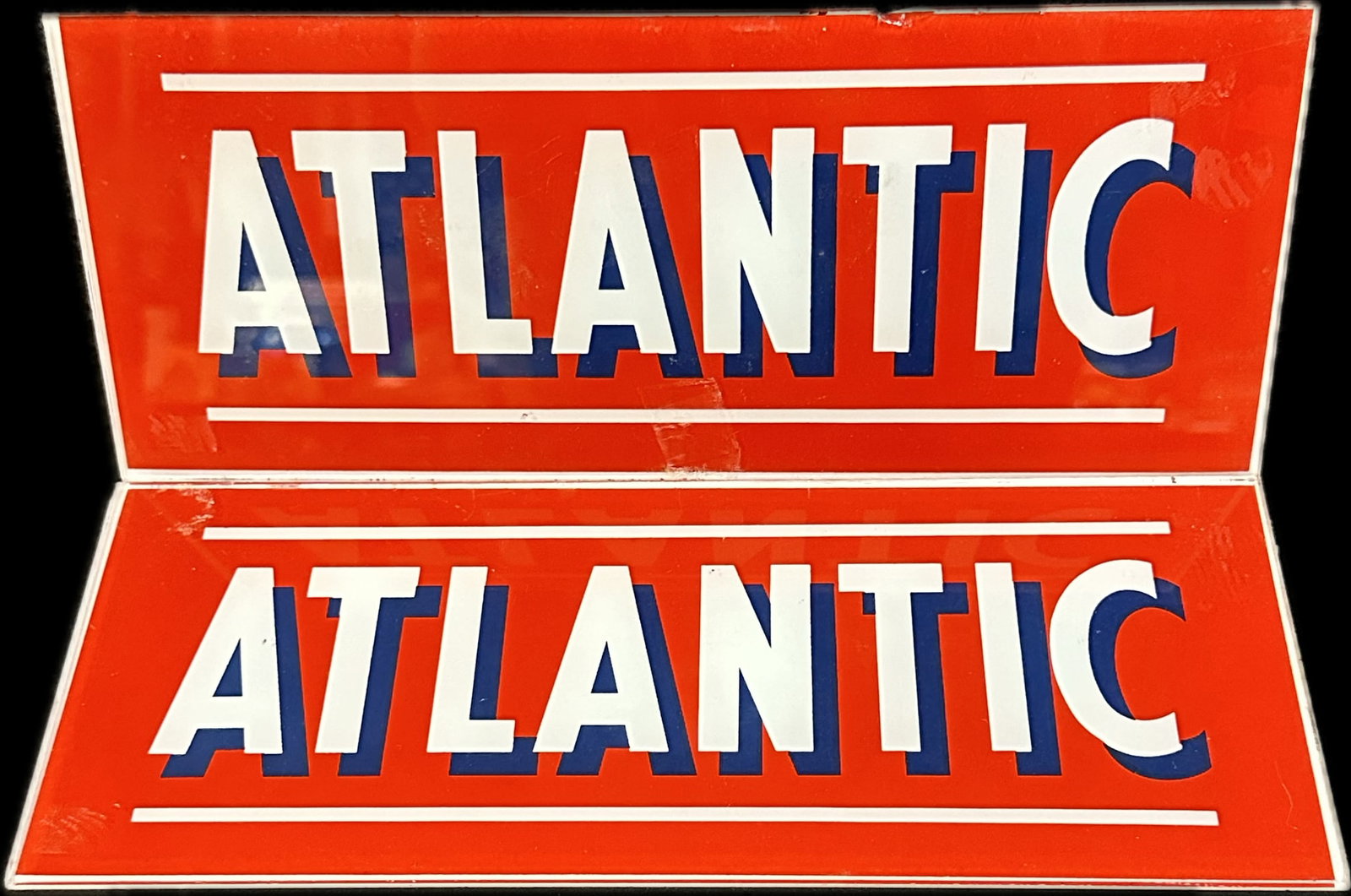 Pair Original 1950s Atlantic Glass Gas Pump Ad Glass: 11.75" x 4.75"