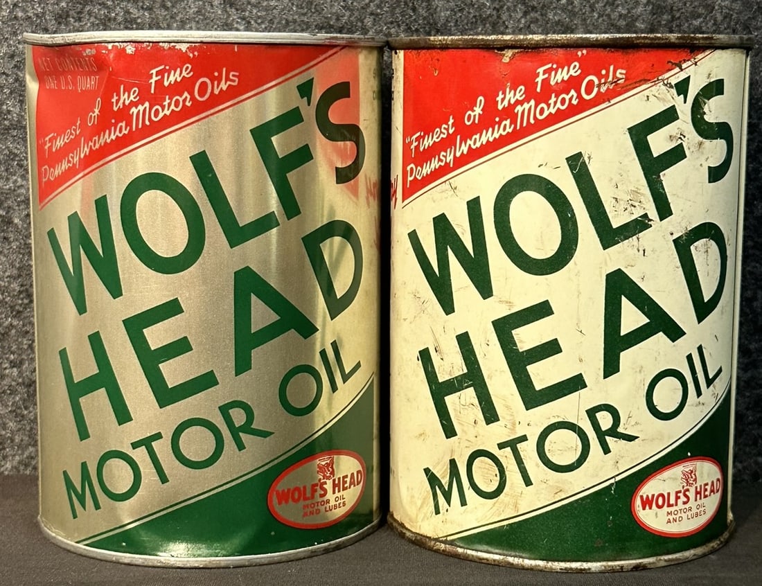 Pair Full Wolf's Head 1950s White & Silver Motor Oil Quart Cans (1 of 16)