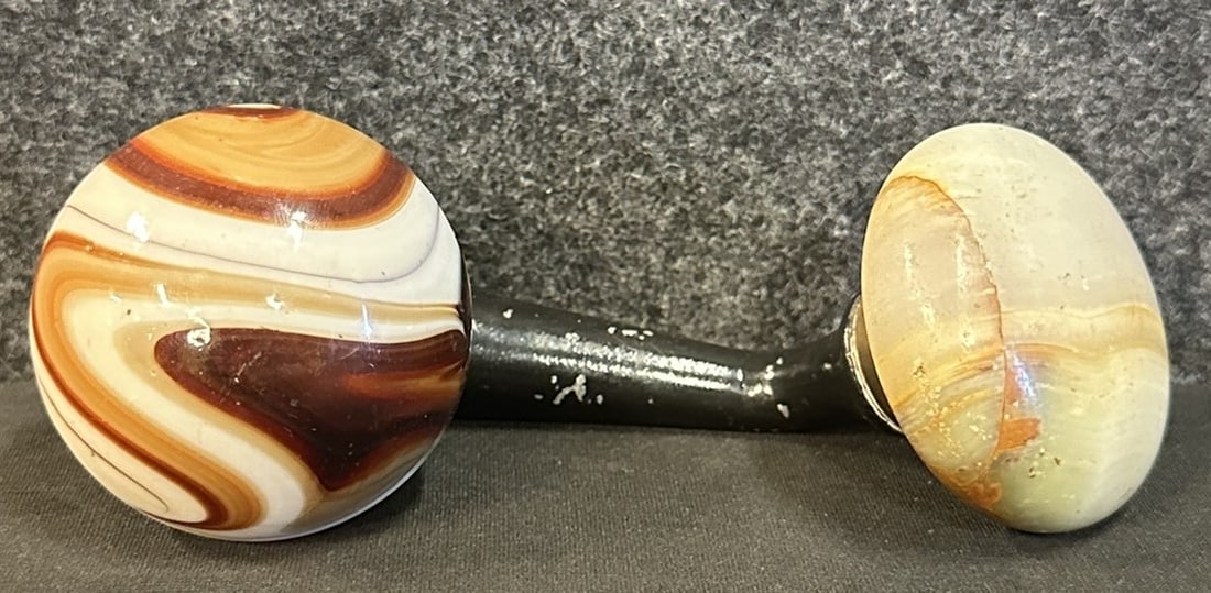 Pair Brown White Bennington Glass Automotive Shiftknobs: Wonderful pair original glass shiftknobs.