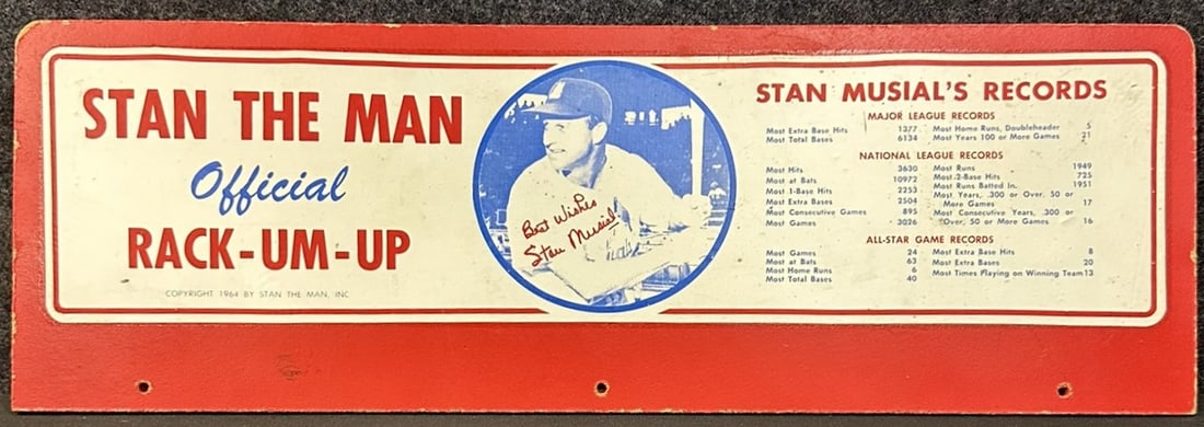 Stan The Man Musial Official Rack-Um-Up Baseball 1964 Bat Rack Sign (1 of 5)