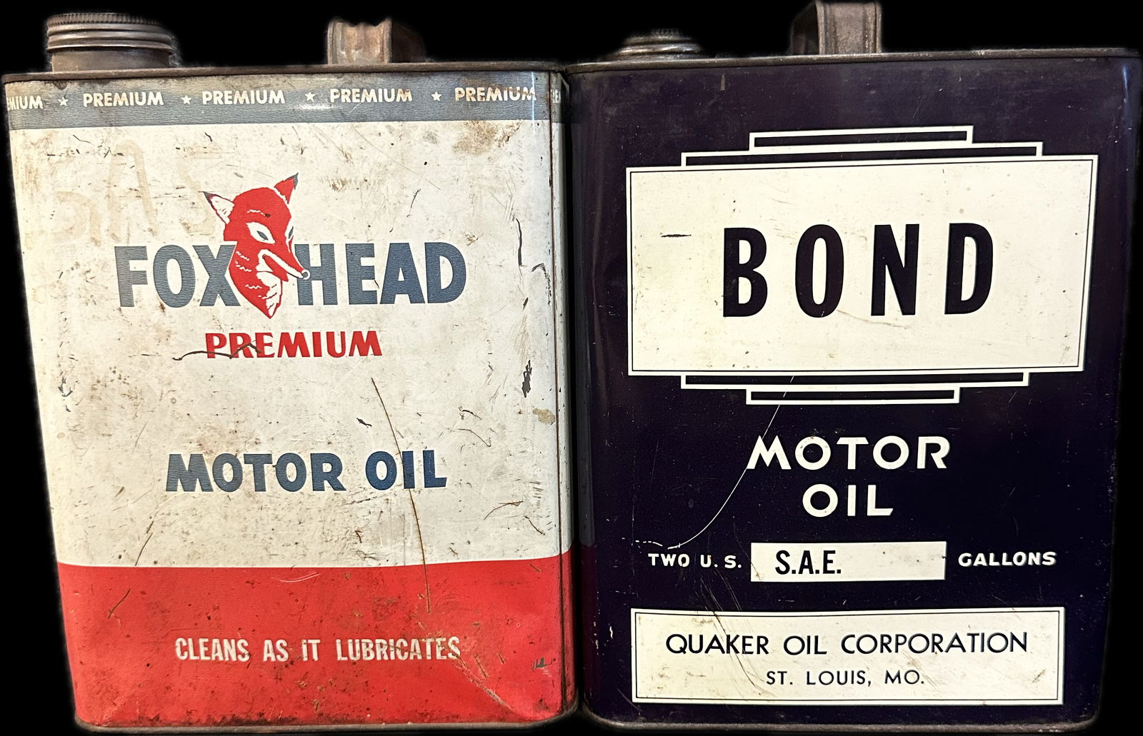 Pair Foxhead Premium & Bond Quaker Oil Co Original 2 Gallon Motor Oil Cans (1 of 13)