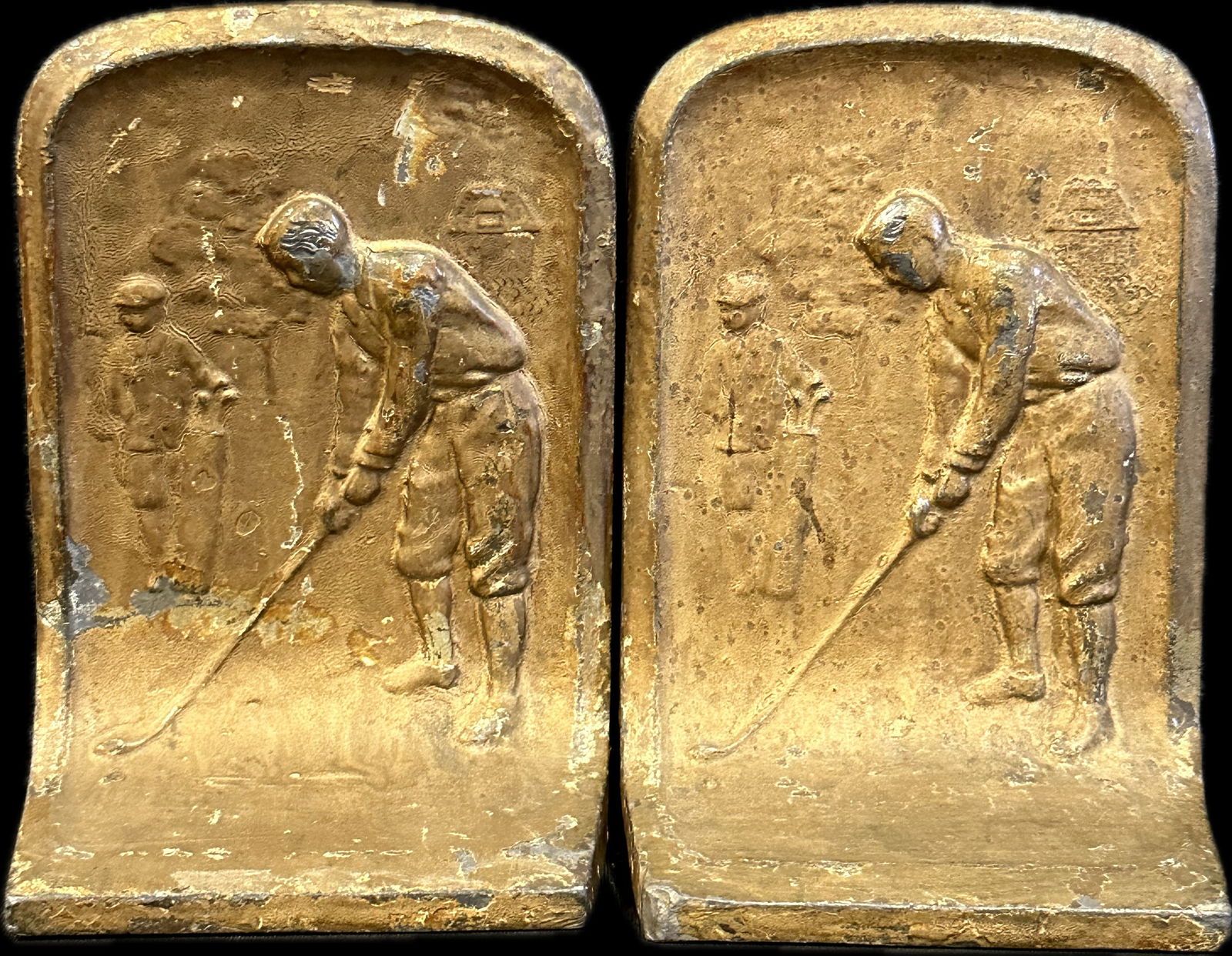 Pair Late 1890s Original Gold Gilt Painted Cast Iron Scottish Golfer Golfing Bookends (1 of 15)