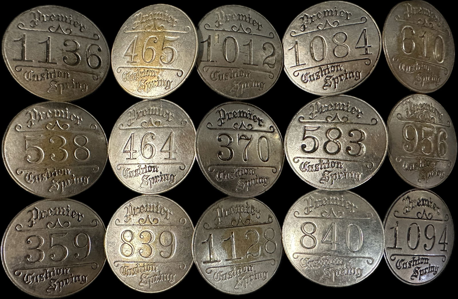 Lot 15 Original Early 1900s Premier Cushion Spring Tool Check Tags Jackson Michigan (1 of 6)