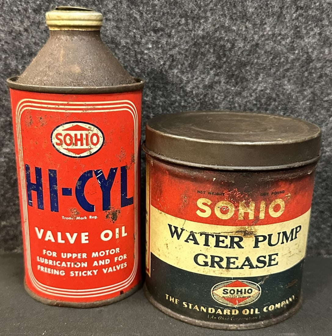 Pair SOHIO HI-CYL Valve Oil Cone Top Can & 1 Lb Water Pump Grease Standard Oil Can (1 of 13)