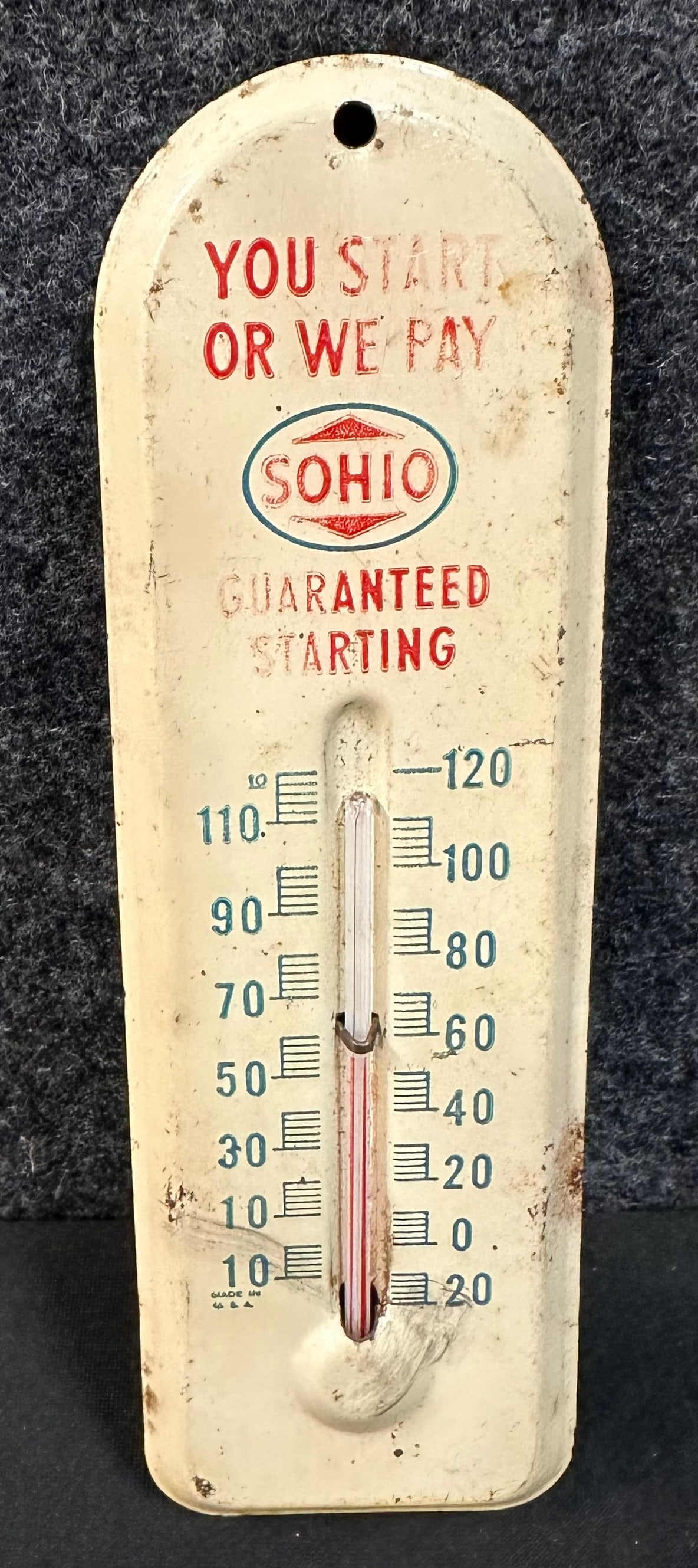 SOHIO Guaranteed Starting Original Service Station Gas Oil Metal Thermometer: 2" x 6.5"