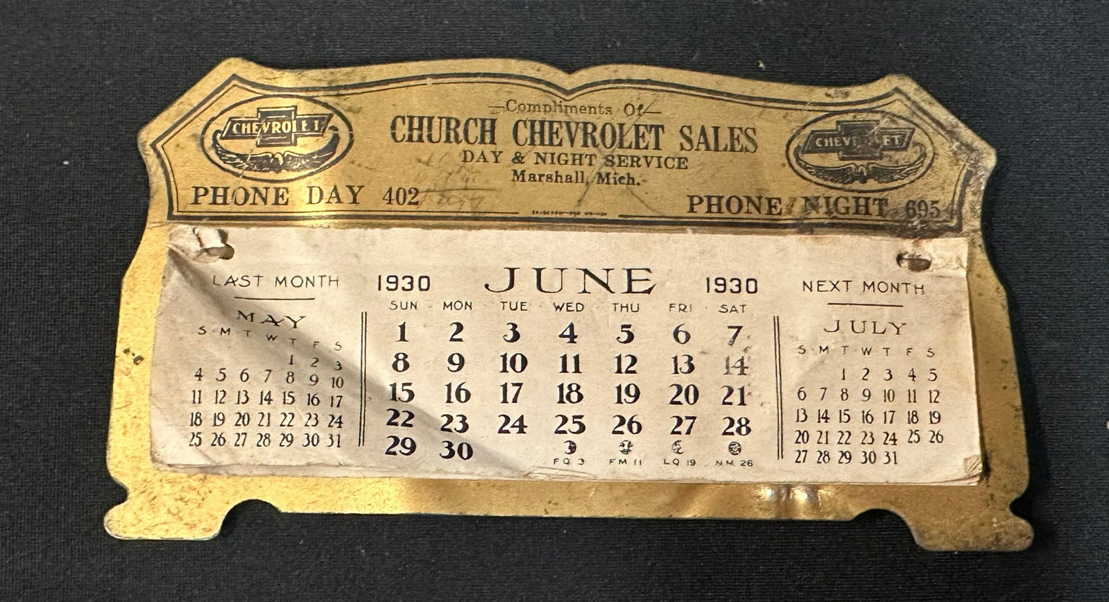 1930 Church Chevrolet Sales Marshall Michigan Tin Metal Calendar: 6" x 3.25"