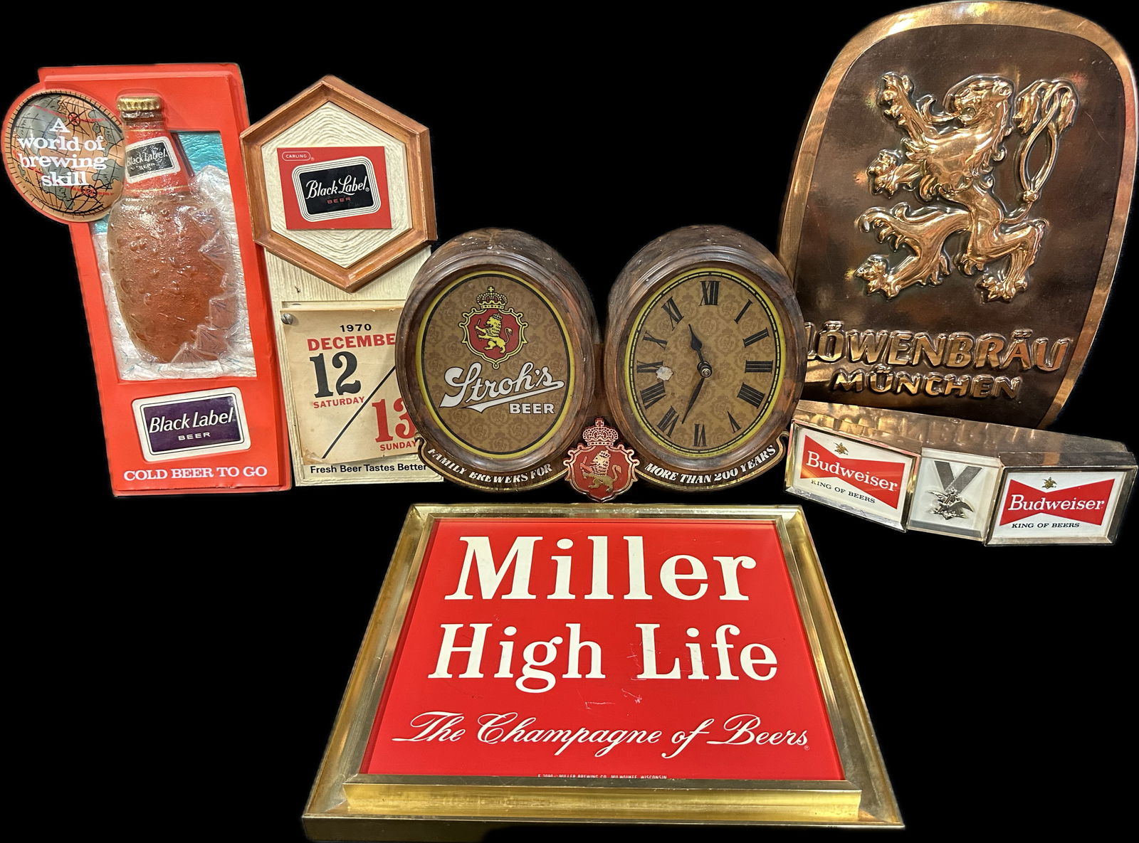 Lot 6 60s-70s Original Beer Advertising Signs: Black Label, Stroh's, Lowenbrau, Budweiser & Miller (1 of 20)