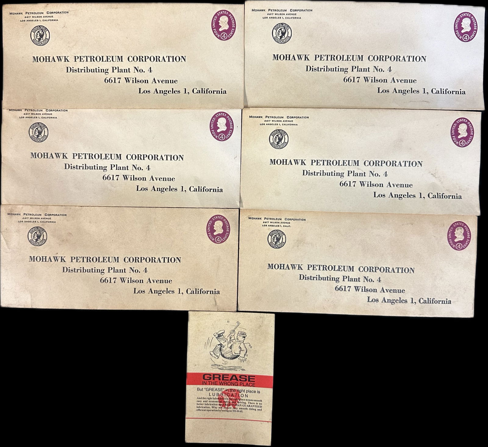 Lot 7 Original 1940s Mohawk Petroleum Los Angeles California Oil Mailing Envelopes: lg (x6) 9.5" x 4" sm (x1) 3.5" x 5.25"