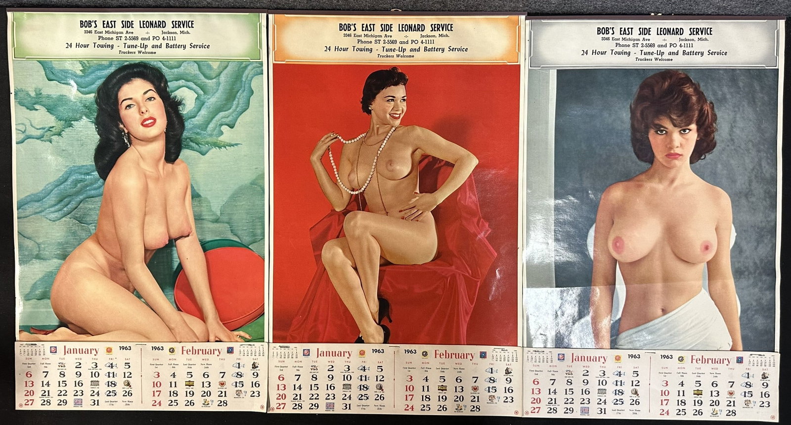 Bob's East Side Leonard Service Jackson Michigan 1963 Nude Pinup Gas Station Calendars: (3) 19" x 12"