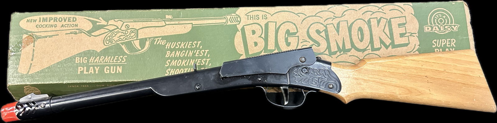 Vintage 1950s Daisy Super Play Big Smoke Toy Play Gun w/ Original Box: Box 26" x 1.25" x 4" - Toy 25" x 1" x 3.75"