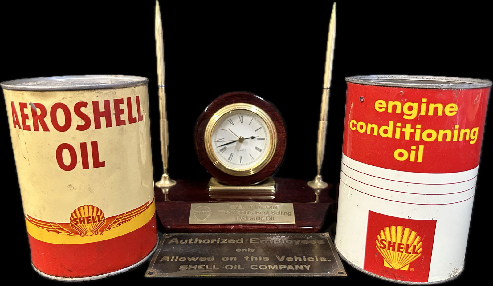 Lot 4 Shell Oil Advertising Items 2 Quart Aeroshell & Engine Conditioning Oil, Plaque & Desk Pen Set (1 of 20)