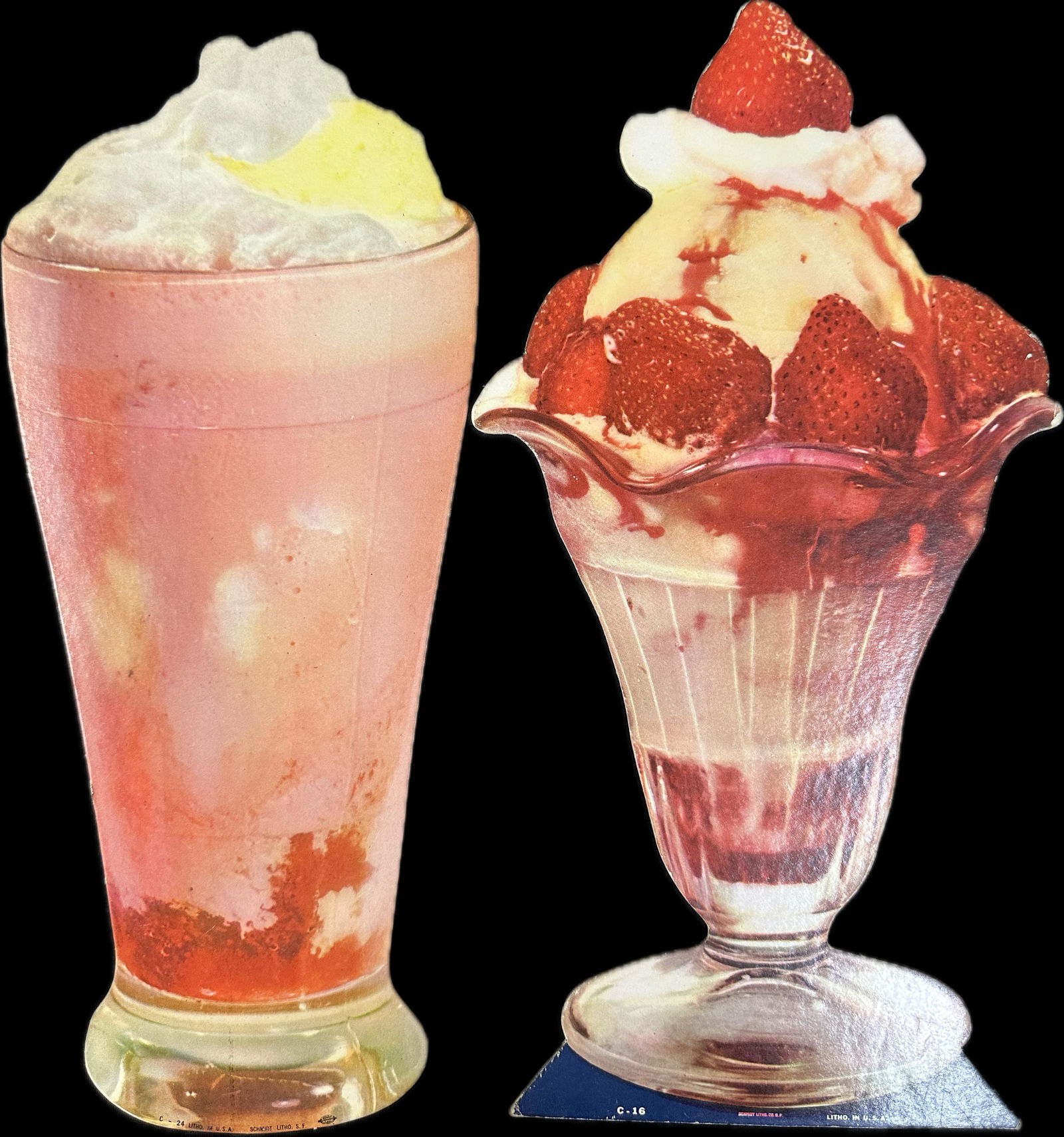 Pair Soda Fountain Cardboard Strawberry Ice Cream Sundae & Milk Shake Signs (1 of 9)