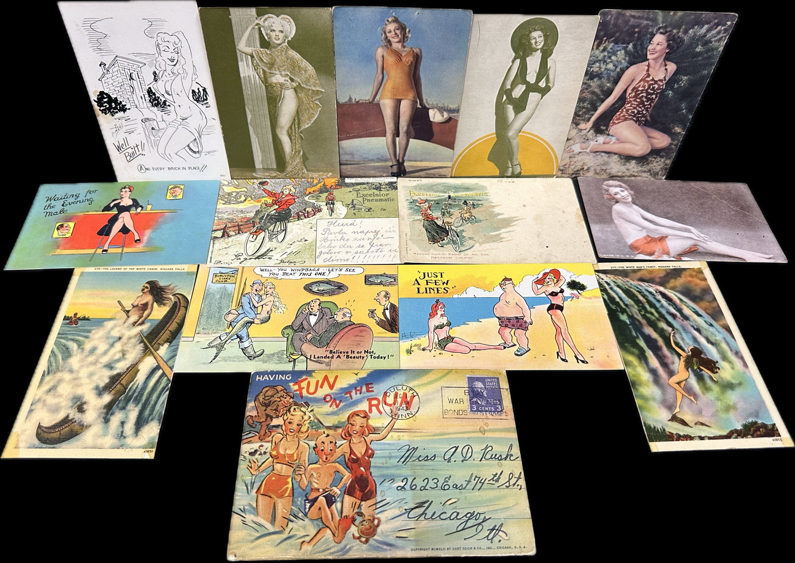 Antique Lot 14 Original Nude Pinup Risque RPPC & Postcards: Lot 14 Nude Pinup Postcards - Sm. 3.25" x 5.25" and Lg 6" x 4.25"