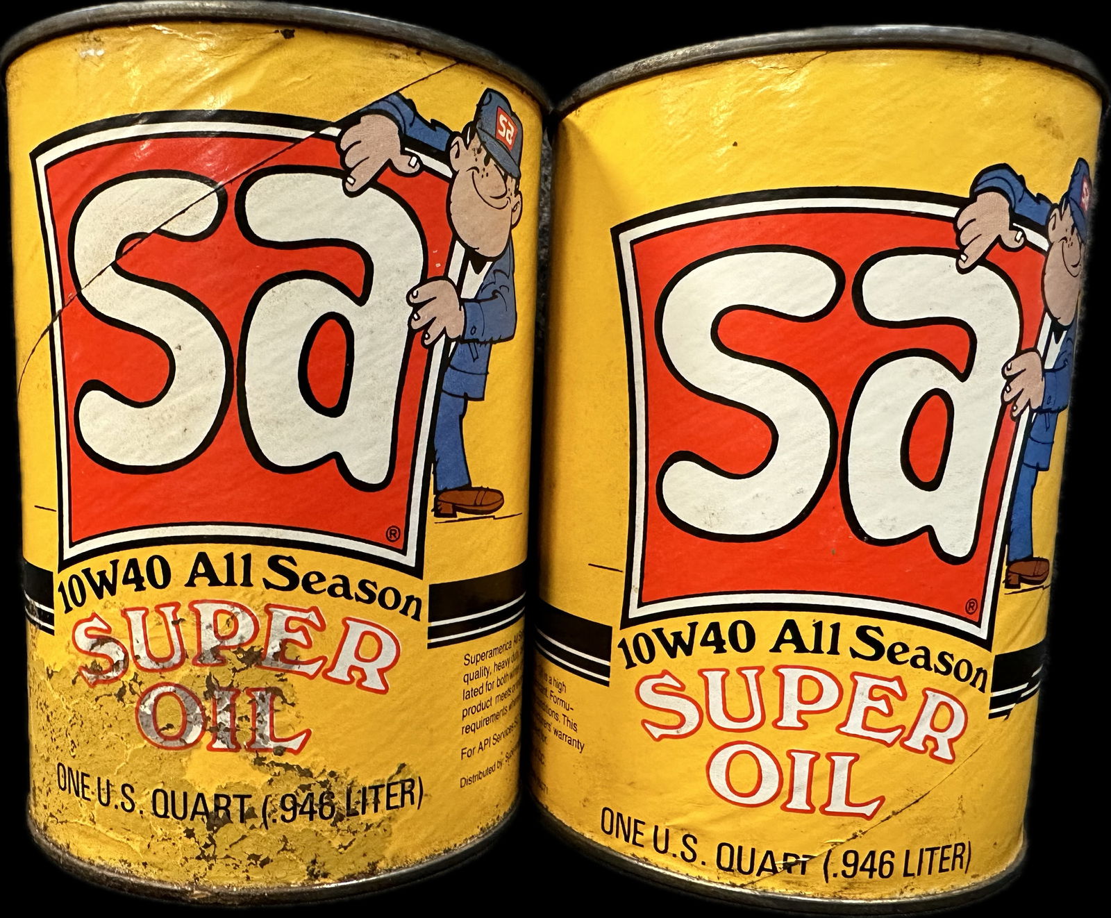 Pair SA 10W40 Super Oil Compositive Motor Oil Quart Cans w/ Guy (1 of 13)