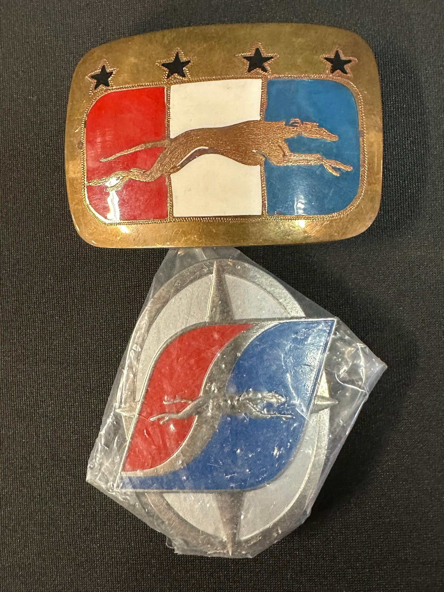 Pair NOS Vtg 1960s Greyhound Original Belt Buckle & Hat Badge Emblem: Pair 2.75" x 2" and 1.75" x 2.5"