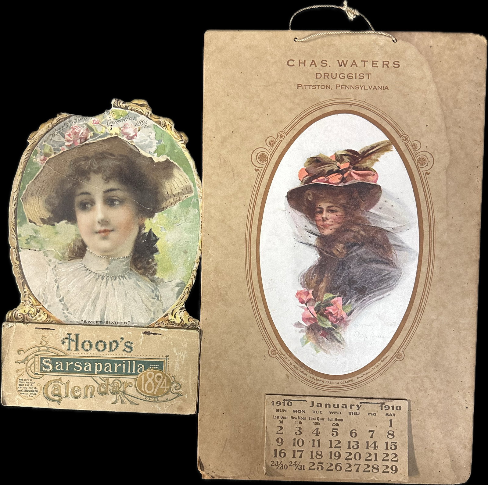 Pair Hoods Sarsaparilla 1894 & Chas Waters Druggist Pittston PA 1910 Calendars: 7.5" x 12.25" and 5.5" x 8.5"