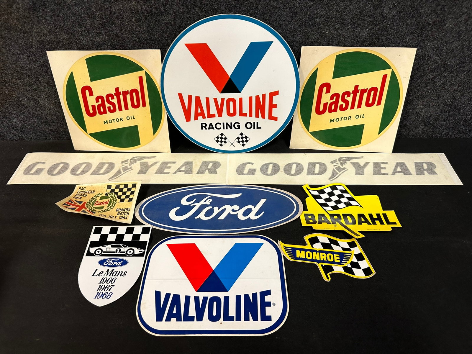 Lot 11 1960s Castrol Valvoline Ford Lemans Monroe Bardahl Goodyear NOS Racing Stickers: 4.25" x 2.5" smallest - 13.5" x 2.75" largest