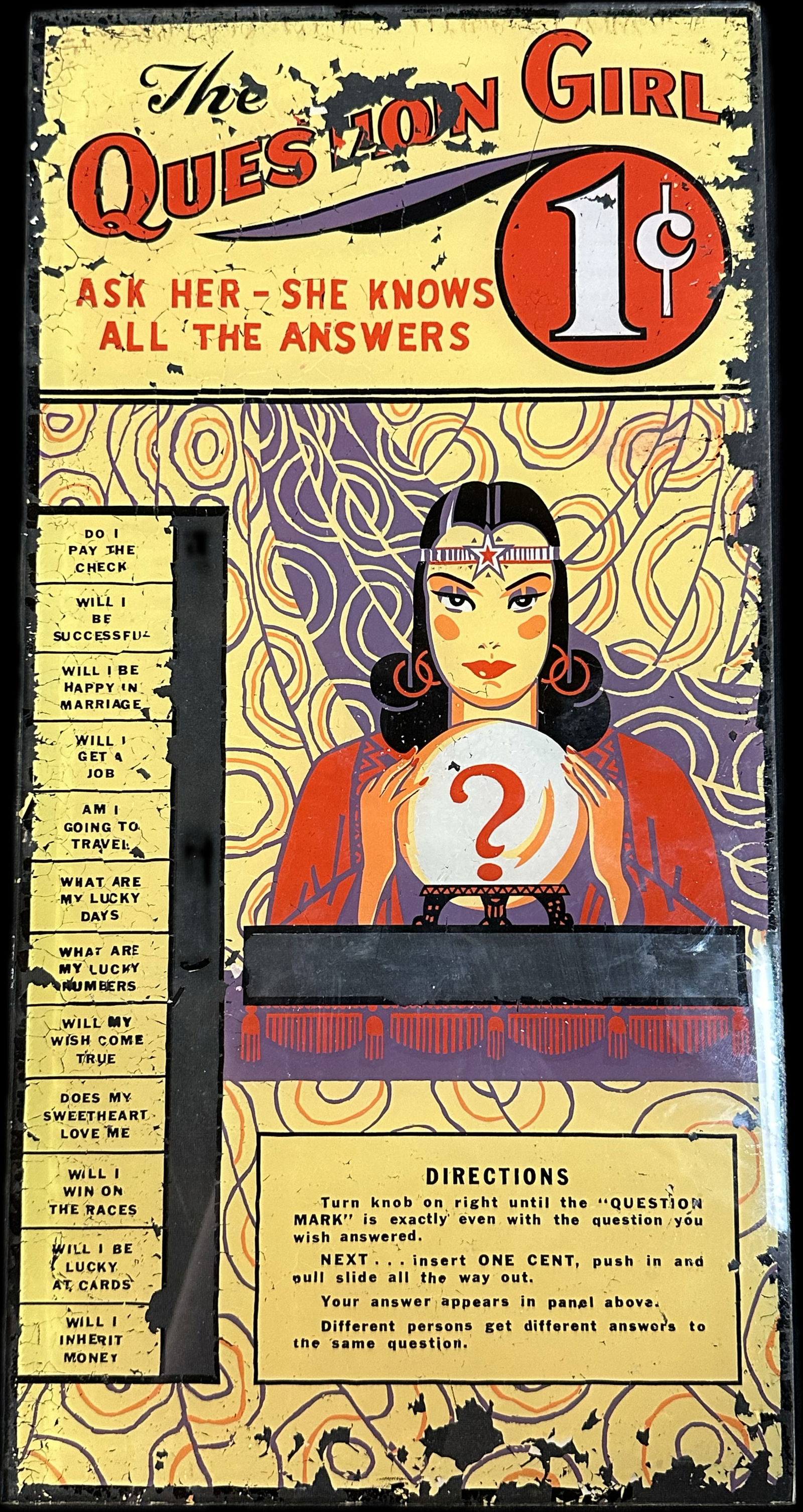 The Question Girl Original 1920s Reverse Painted Fortune Teller 1 Cent Glass Game Advertising Panel (1 of 6)