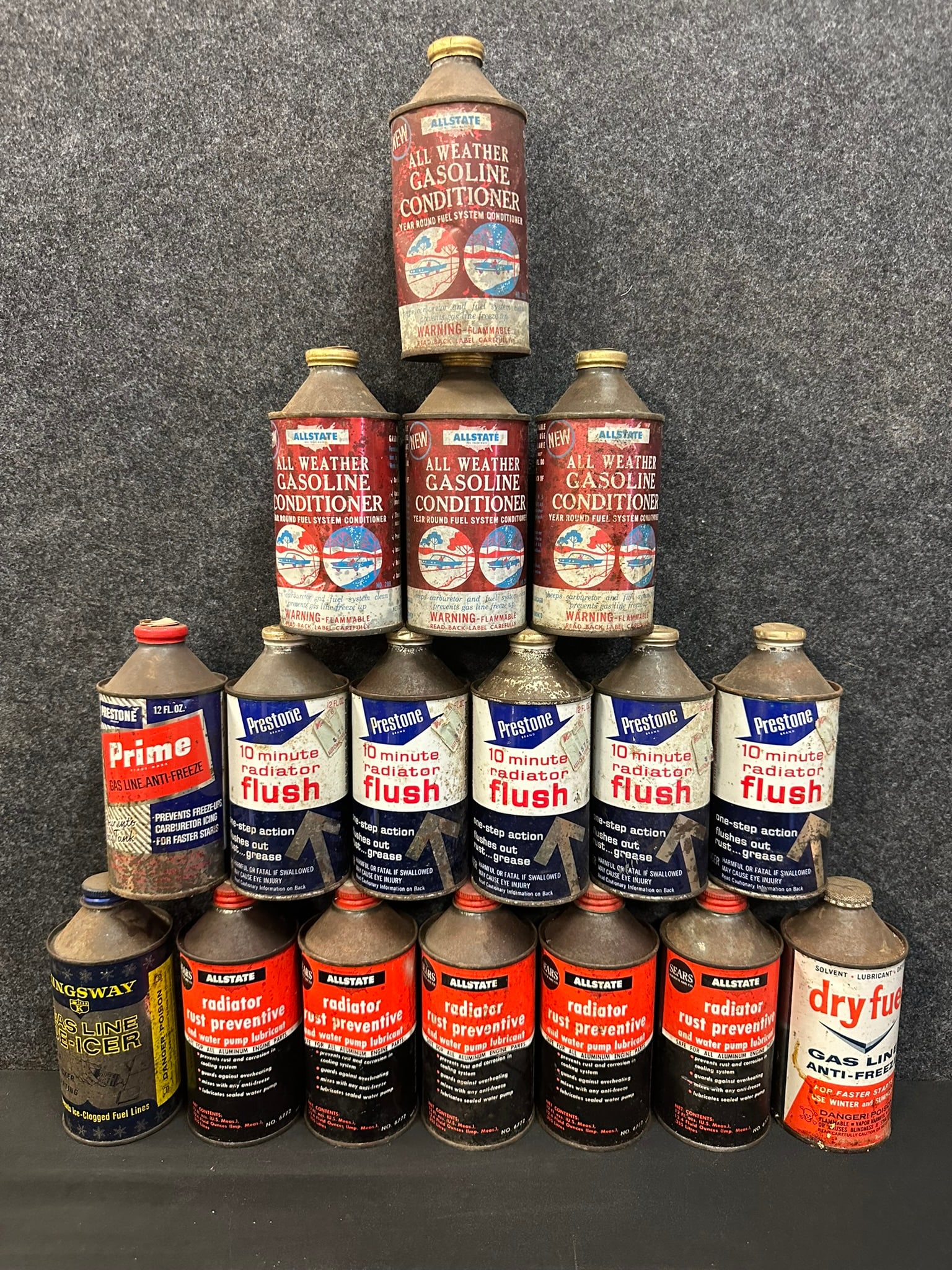 Huge Lot 17 Prestone Allstate Radiator Flush Cone Top Cans FULL (1 of 20)