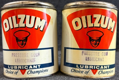 Pair Full NOS Oilzum 1950s 2LB Pressure Gun Lubricant Cans