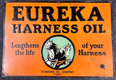 Eureka Harness Standard Oil Co Indiana Embossed SST Advertising Sign