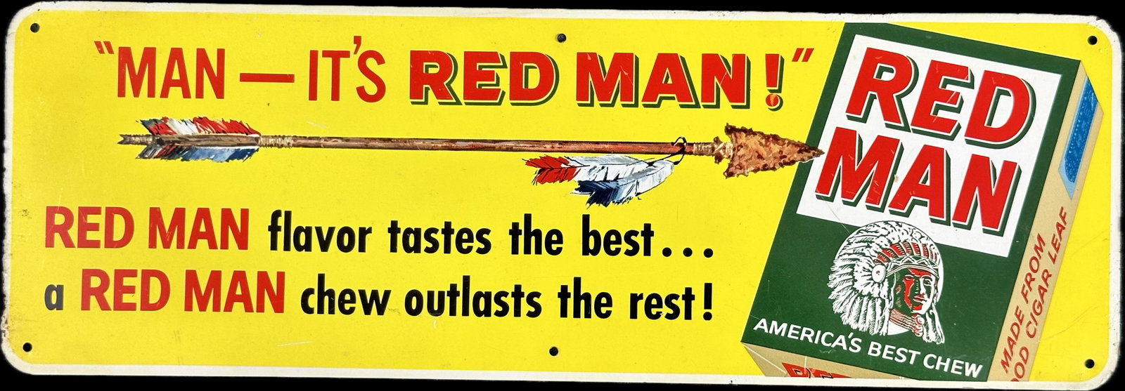 Man It's Red Man Original Single Sided Painted Metal Tobacco Advertising Sign: 15" x 5" - nos sign from the 1950s - found with 6 others that were all new old stock