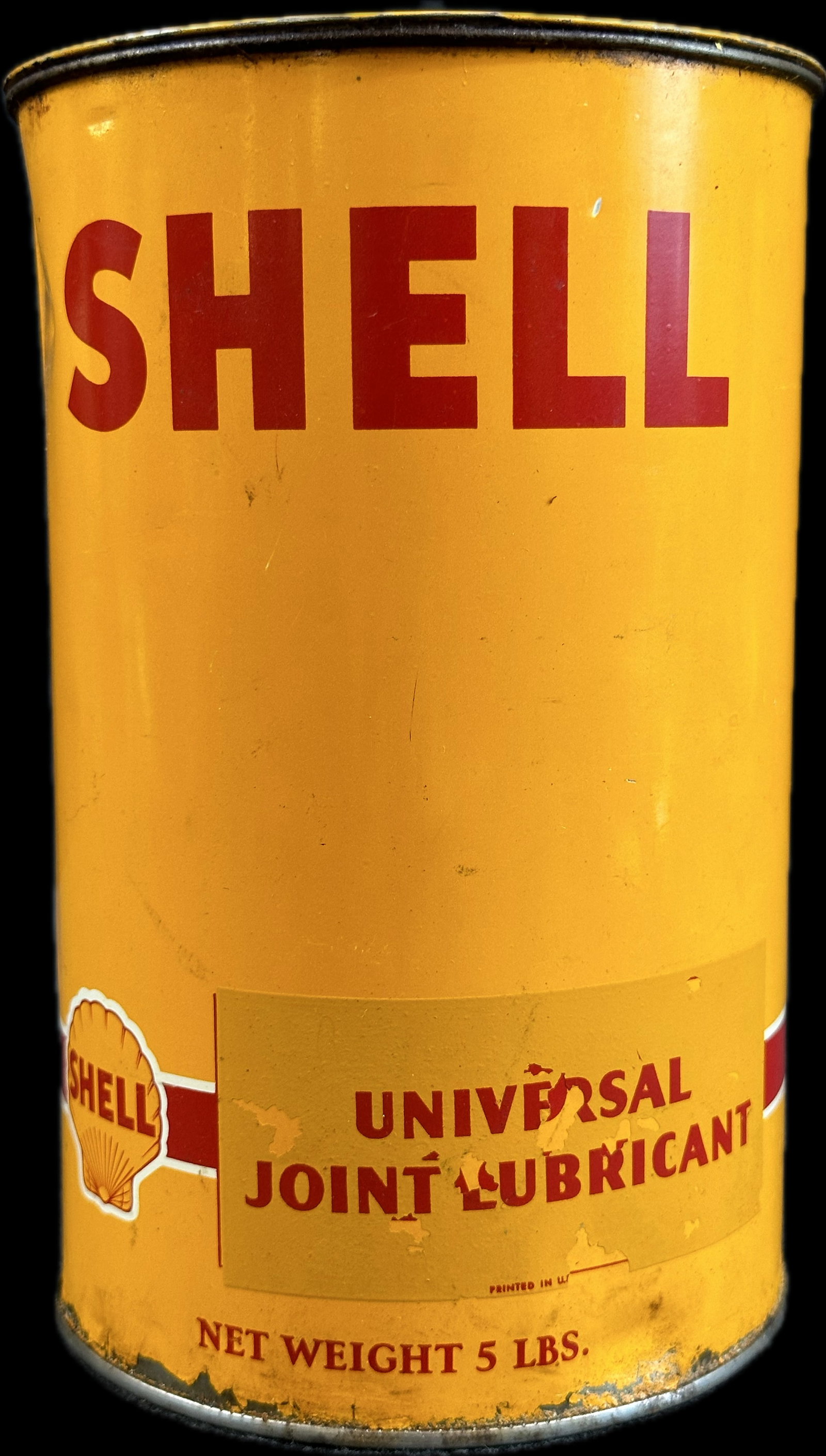 1930s 40s Shell Gasoline Universal Joint Lubricant 5 LB Metal Can: 5.75" diameter x 8.75" tall