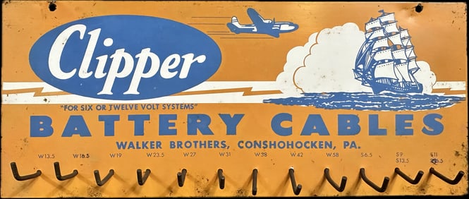 Clipper Battery Cables 1940s Metal Advertising Store Display Rack Sign by Walker Brothers