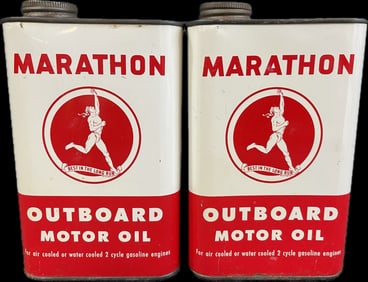 Pair Original Marathon Outboard Motor Oil Metal Quart Cans