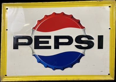 Original 1960s Pepsi Embossed Large Single Sided Painted Metal Advertising Sign