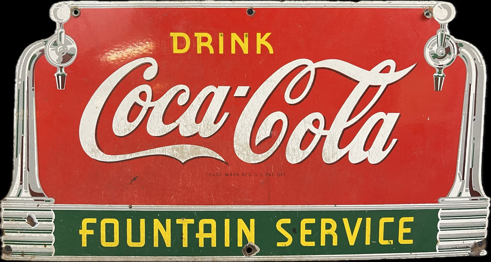 Drink Coca Cola Fountain Service Single Sided Porcelain Advertising Sign: Marked Made in USA 1941. Great original sign. Measures 27" x 14"