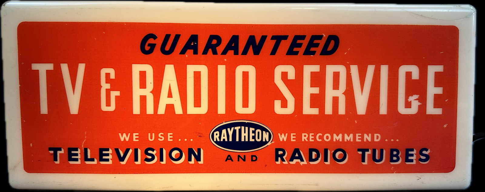 TV & Radio Service Raytheon Radio Tubes Original Lighted Advertising Sign Ca. 1950s: Great original lighted advertising sign. Light crack on top corner as shown. Measures 5.25" x 5" x 6.25"