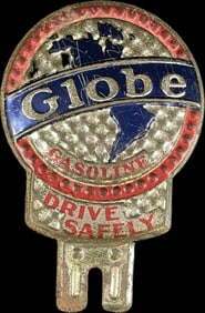 Globe Gasoline Embossed Drive Safely 1930s Metal Advertising License Plate Topper