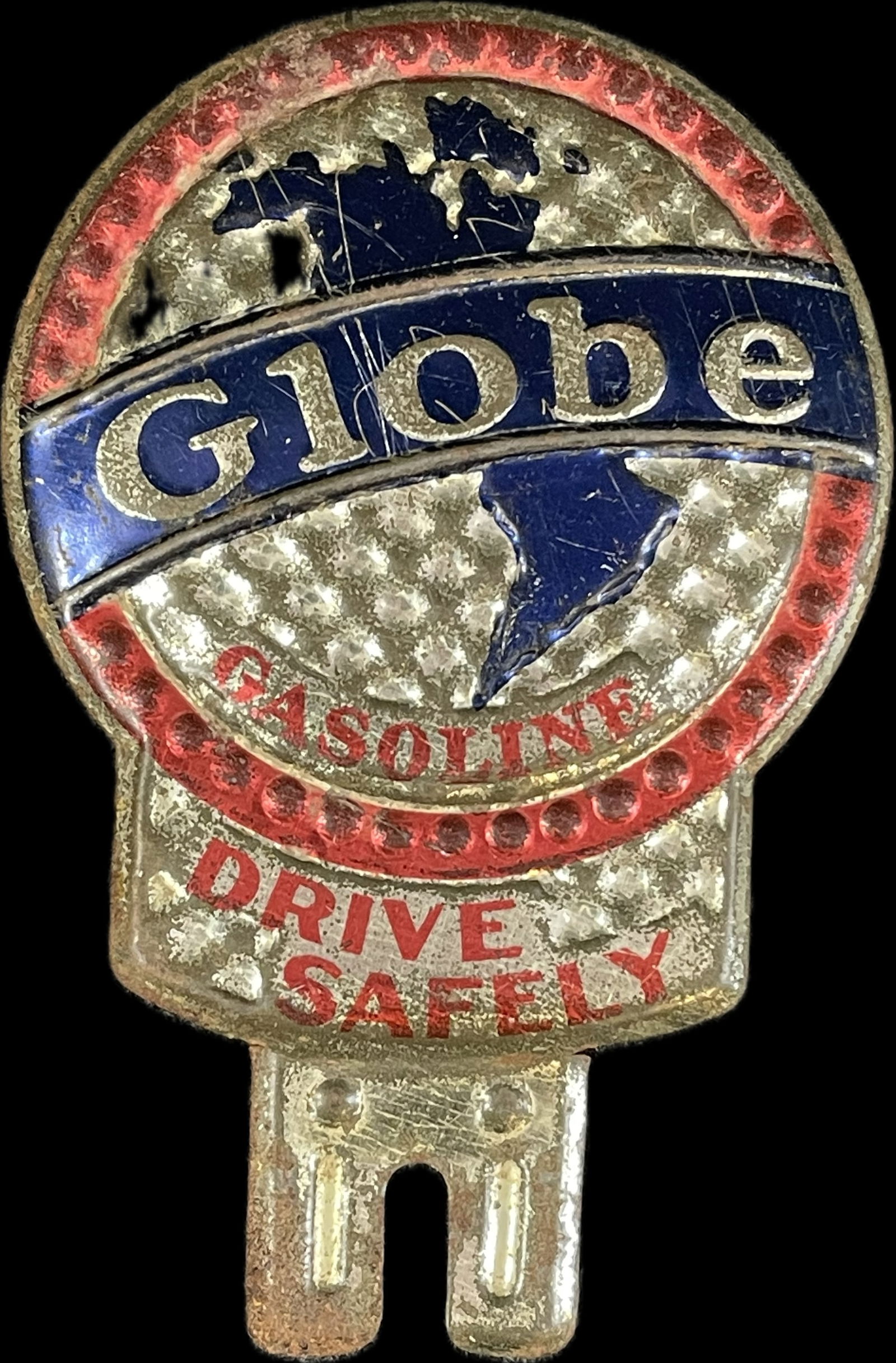Globe Gasoline Embossed Drive Safely 1930s Metal Advertising License Plate Topper (1 of 5)