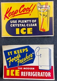 Pair Cardboard 1940s Advertising Signs Keep Cool w/ Ice & Refrigerator Foods Fresher