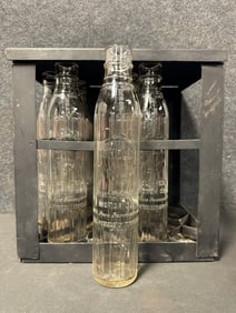 Lot 9 Original 1920s Shell Embossed Quart Glass Oil Bottles w/ Metal Carrying Case