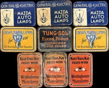 Lot 9 Edison Mazda General Electric Westinghouse & Tung-Sol Metal Bulb Tins