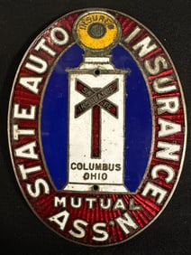 Columbus Ohio State Auto Insurance Mutual Association Porcelain Enamel License Plate Topper