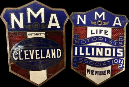 Pair NMA Cleveland & Illinois Porcelain Enamel License Plate Toppers