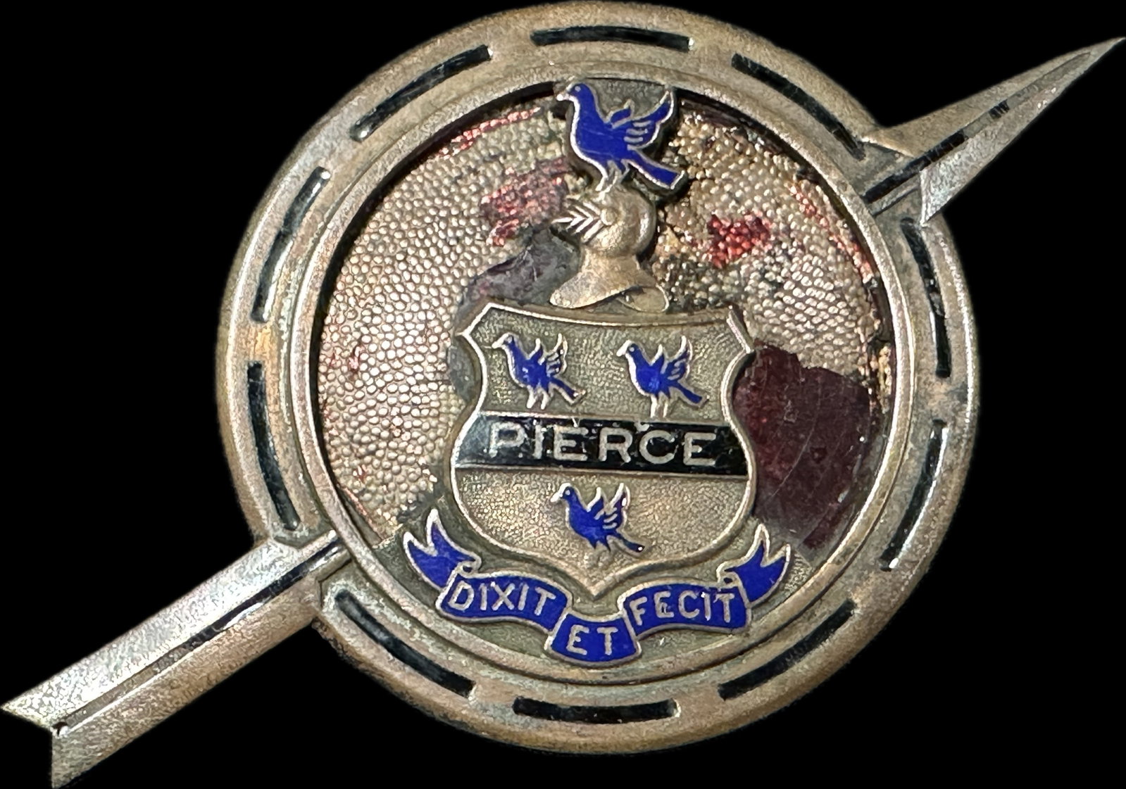 Antique 1920s-30s Pierce Arrow Enamel Radiator Badge: 4" x 1" x 2.5" - the red enamel in the middle has worn as shown.