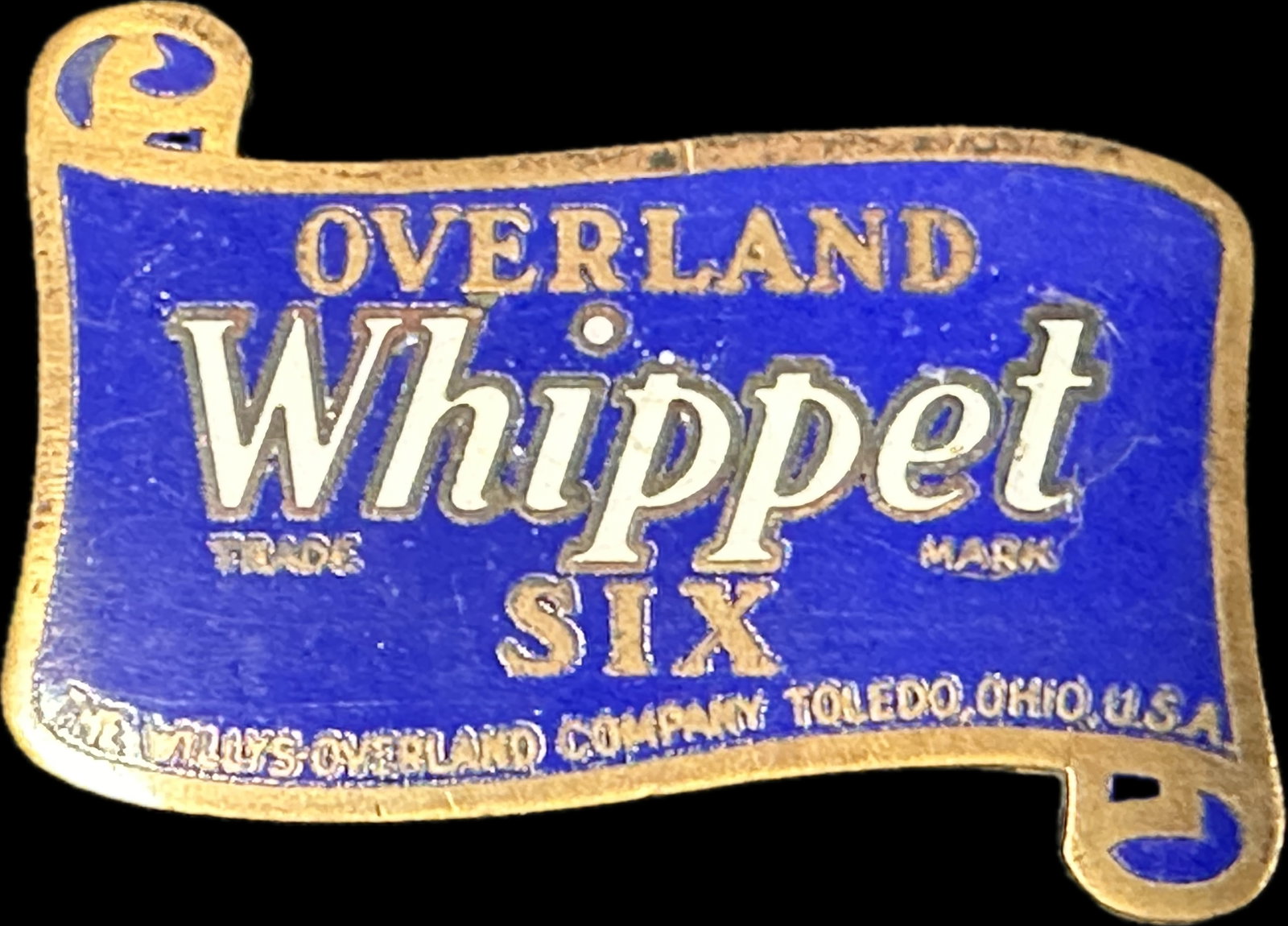 Willys Overland Whippet Six Toledo Ohio Enamel Radiator Badge Emblem - High Grade: 2" x .25" x 1.5"