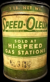 Speed-Oleum HI SPEED Gas Stations 1930s 1 LB No 3 Cup Grease Can