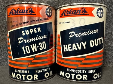 Pair Full Arlan's Super Premium 10W-30 & Heavy Duty Metal Quart Cans - New York