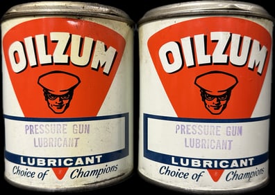 Pair Full NOS Oilzum 1950s 2LB Metal Pressure Gun Lubricant Cans w/ Oswald